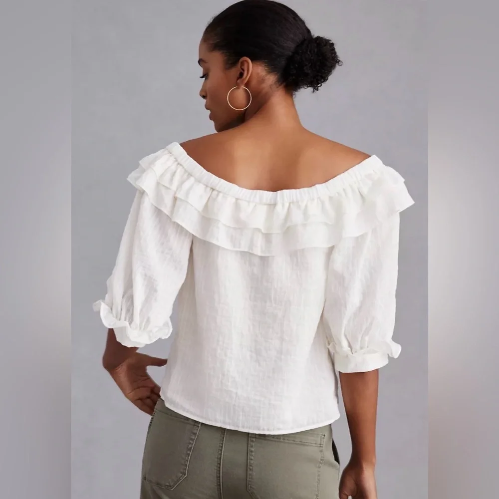 Mauve by Anthropologie Ruffle-Neck Puff-Sleeved Off the Shoulder in Ivory Sz XS